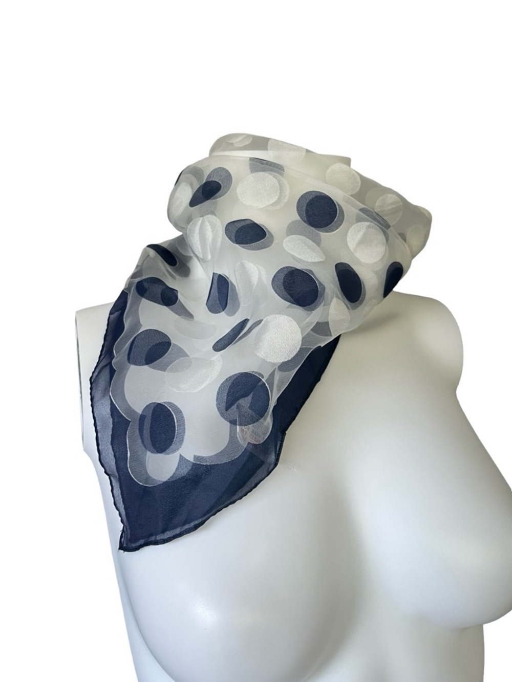 Vintage Sheer Polka Dot Square Scarf Blue White Nylon Made in Japan